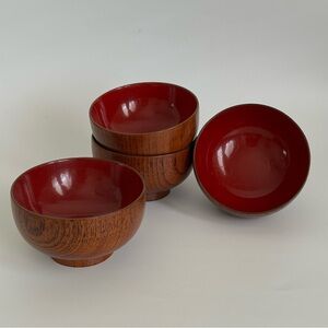 Set of 4 Japanese Lacquer Wood Bowls Red Interior Vintage Style